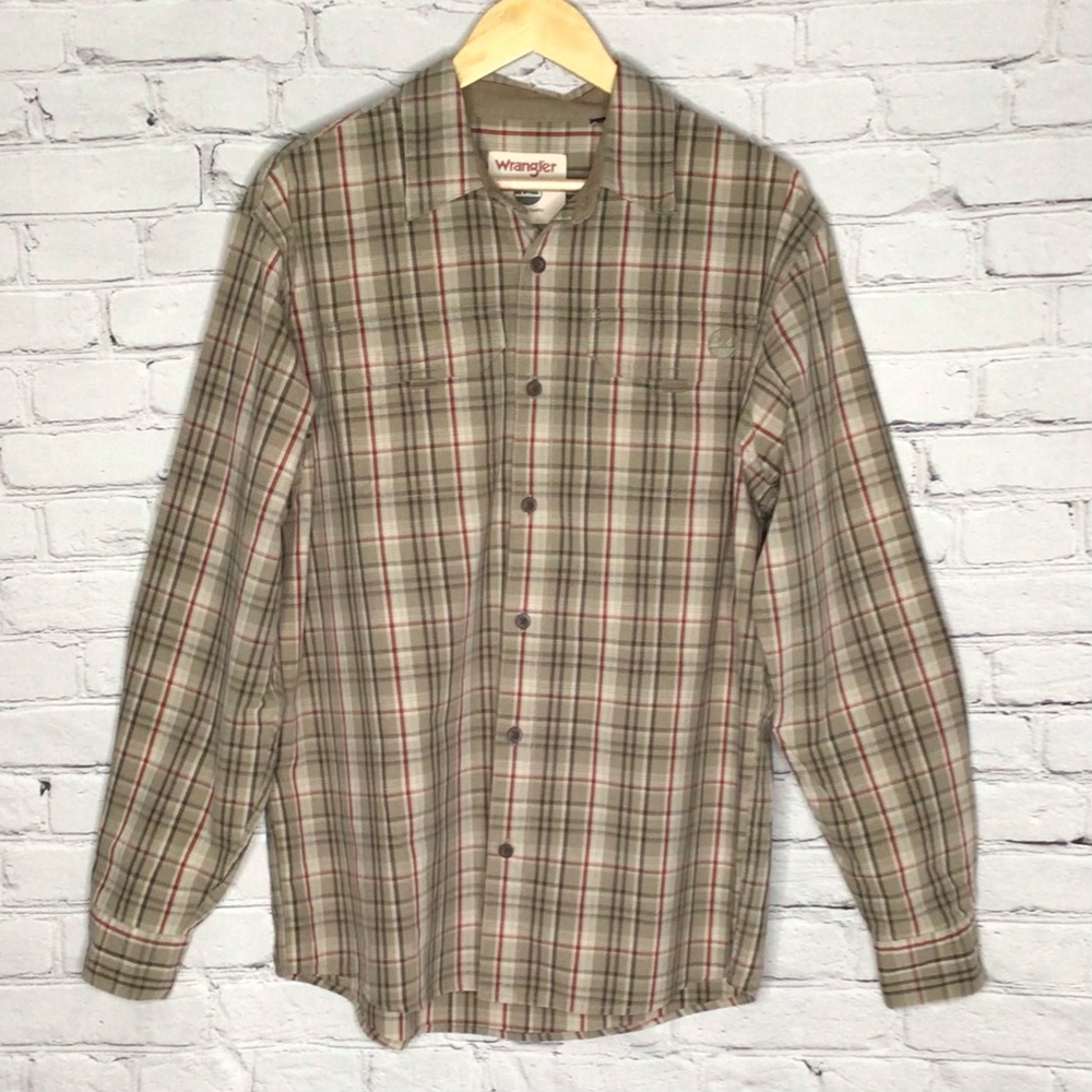 Wrangler Tan Red and Blue Plaid Cotton Long Sleeve Casual Button Up Shirt Large